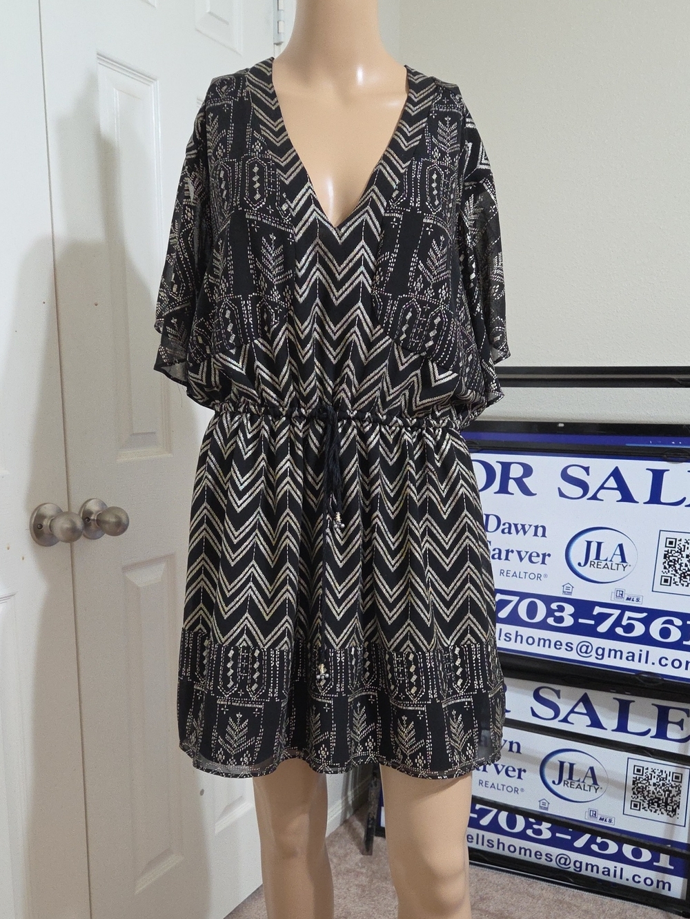 Free People Med Love My Chaos Metallic Gold Black Chevron Mini  Boho Festival